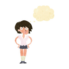 cartoon surprised woman with hands on hips with thought bubble