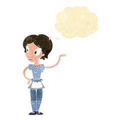 cartoon woman in maid costume with thought bubble