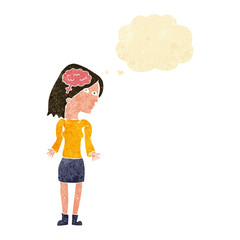 cartoon clever woman shrugging shoulders with thought bubble