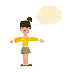 cartoon woman shrugging shoulders with thought bubble