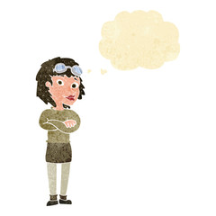 cartoon woman with crossed arms and safety goggles with thought