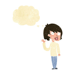 cartoon waving woman with thought bubble