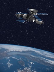 Modified version of Skylab - satellite laboratory for scientific experiments, orbiting over Italy - 3D Scene. Elements of this illustration furnished by NASA. - obrazy, fototapety, plakaty