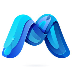 M letter logo with blue water splash and drops.