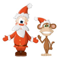 santa claus in red suit with a funny monkey