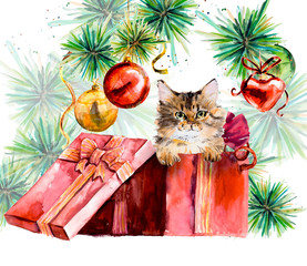 Cat. New year card. Hand drawn watercolor illustration