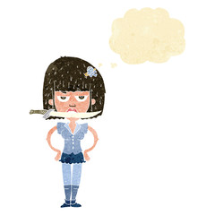 cartoon woman with knife between teeth with thought bubble