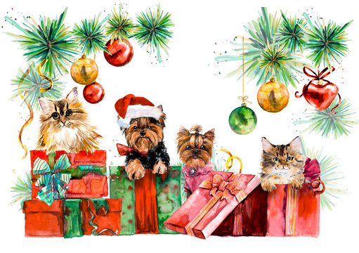 Dogs and cats. New year card. Hand drawn watercolor illustration