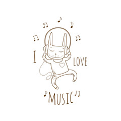 Children's postcard with cartoon little rabbit  listening to music in earphones. Vector image.