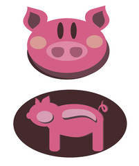 Pink pig and pig silhouette isolated on white. Vector illustration.