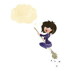 cartoon witch riding broomstick with thought bubble