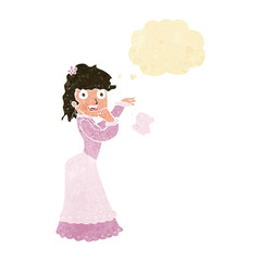 cartoon victorian woman dropping handkerchief with thought bubbl
