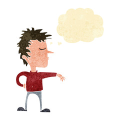 cartoon man making camp gesture with thought bubble