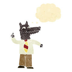cartoon business wolf with idea with thought bubble