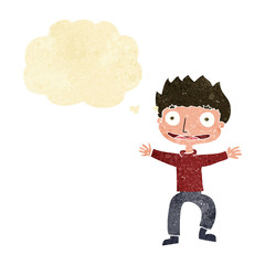 cartoon grinning boy with thought bubble