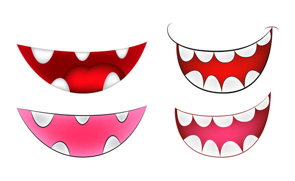 Cartoon smile, mouth, lips with teeth set. vector mesh illustration isolated on white background