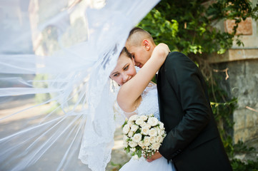 groom kissing on neck of bride with veil