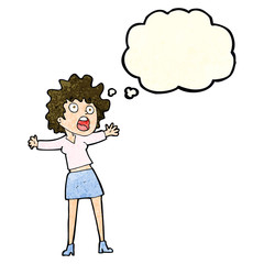 cartoon frightened woman with thought bubble
