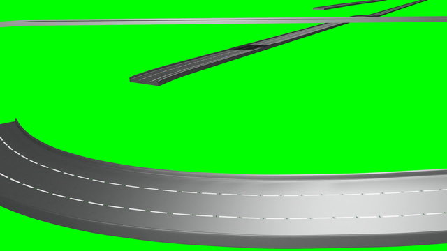 An animation of a group or overlapping and twisted roads growing into the screen on a green screen background