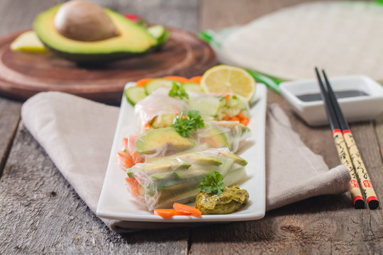 Spring rolls with vegetables and avocado