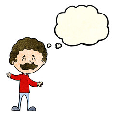 cartoon happy man with mustache with thought bubble