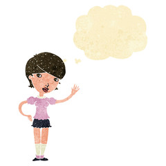 cartoon girl waving with thought bubble