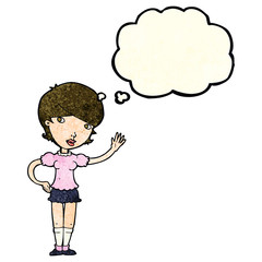cartoon girl waving with thought bubble