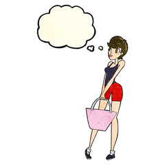 cartoon attractive woman shopping with thought bubble