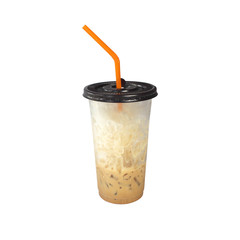 Iced coffee with straw in plastic cup isolated
