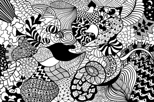 Floral hand drawn zentangle, ethnic pattern. Black and white abstract ornate background.