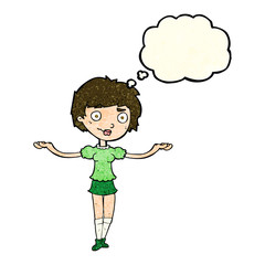 cartoon woman spreading arms with thought bubble