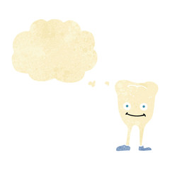 cartoon happy tooth with thought bubble