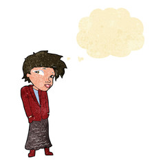 cartoon woman with hands in pockets with thought bubble