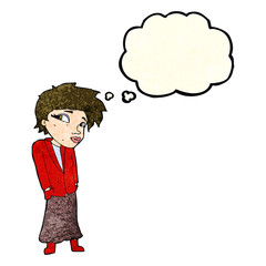 cartoon woman with hands in pockets with thought bubble