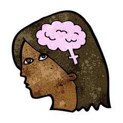 cartoon female head with brain symbol