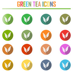 Green tea symbols and icons with long shadow.