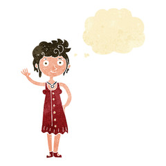cartoon hippie woman waving with thought bubble