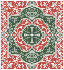 Eastern rectangular ornament in green and red colors with floral pattern