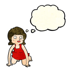 cartoon woman on all fours with thought bubble