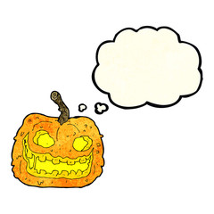cartoon spooky pumpkin with thought bubble