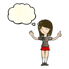 cartoon woman explaining idea with thought bubble