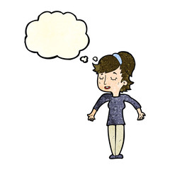cartoon friendly woman shrugging shoulders with thought bubble