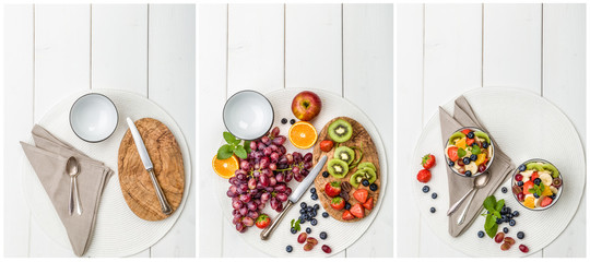 Frischer Obstsalat mit Kiwi,Äpfeln, Banane,Trauben  als Collage