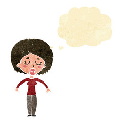 cartoon woman with closed eyes with thought bubble