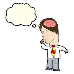 cartoon businessman with huge brain with thought bubble