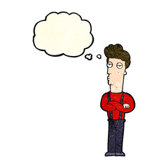 cartoon unimpressed man with thought bubble