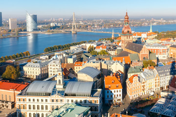 View of Riga and the Daugava River from above. - obrazy, fototapety, plakaty