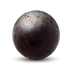 Realistic old cannonball with shadow on white