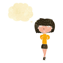 cartoon shy woman with thought bubble