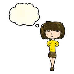 cartoon shy woman with thought bubble